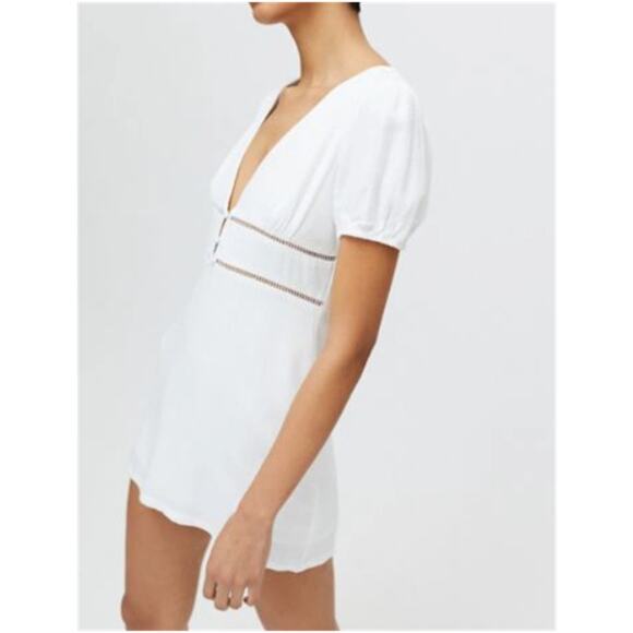 Urban Outfitters UO Beth Linen Mini Dress S White V-Neck Puff Sleeve Summer Boho - Picture 1 of 7